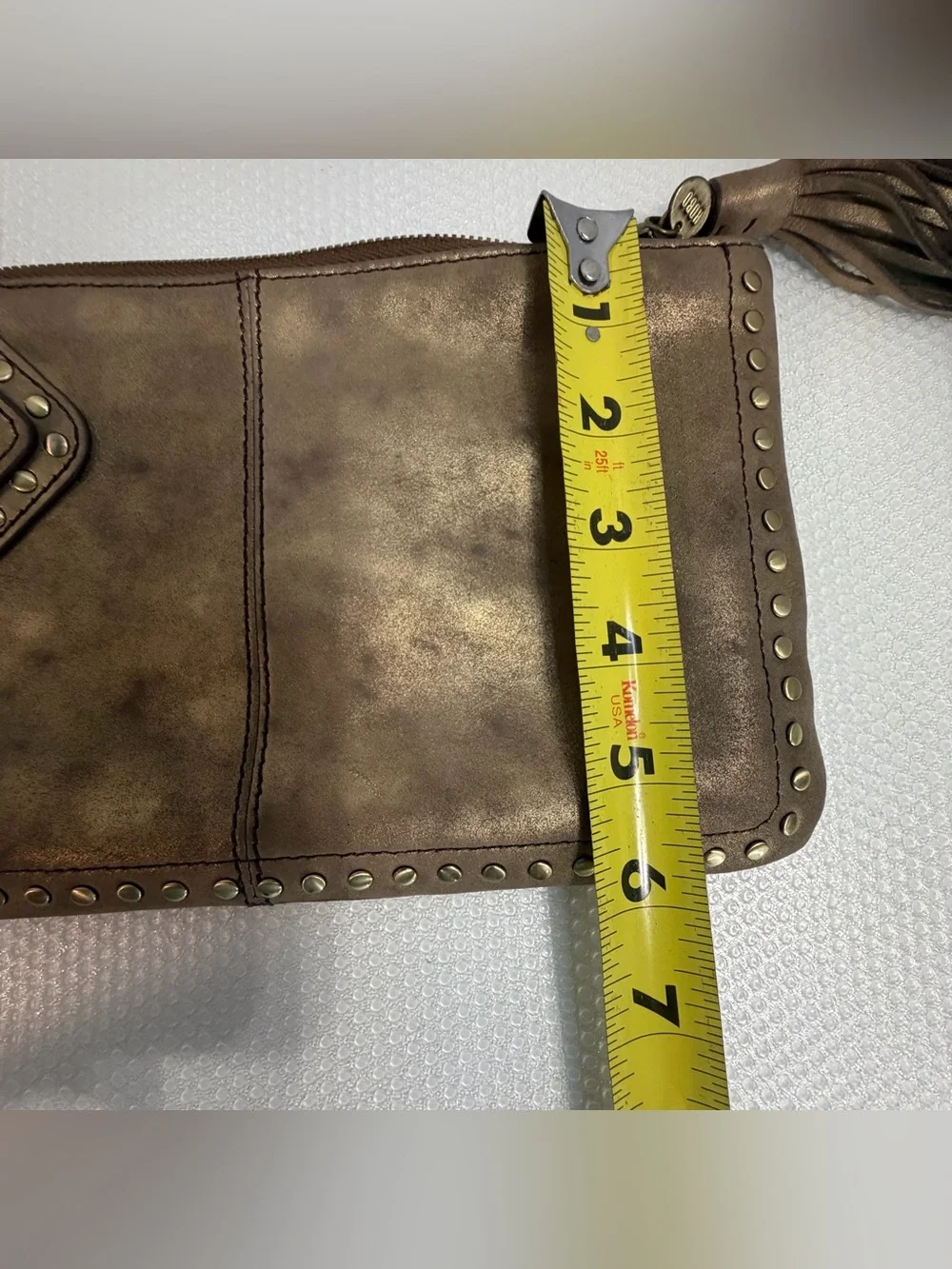 HOBO Metallic Bronze Studded Wristlet Tote with Tassel